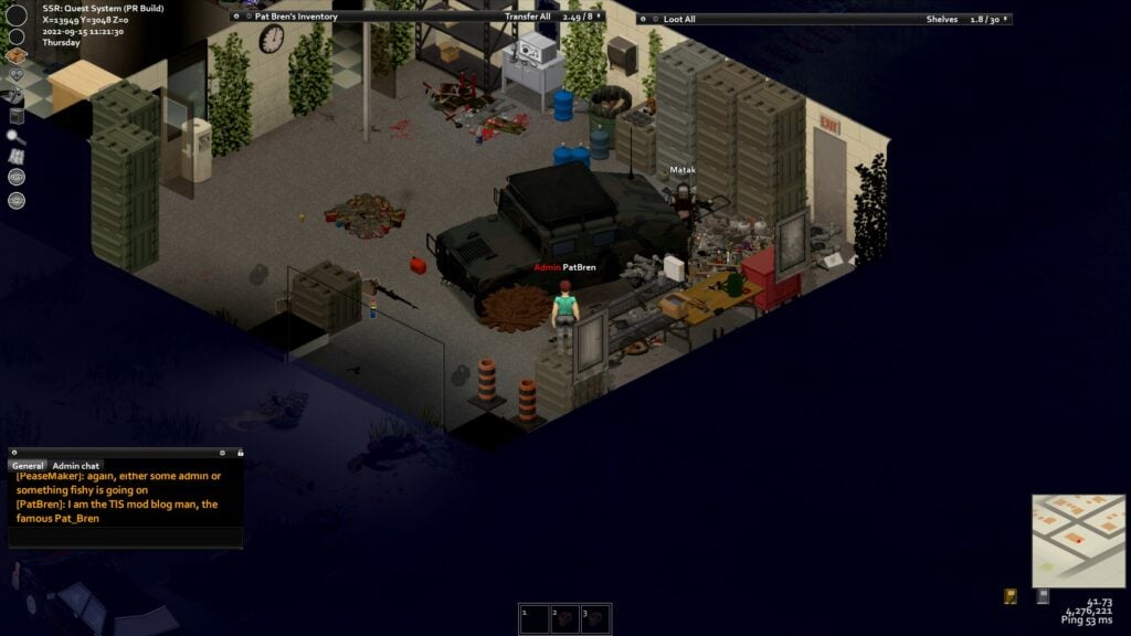 Pat_Bren faces a Humvee in a garage while another user stands nearby. The area is strewn with planks and discarded objects.
