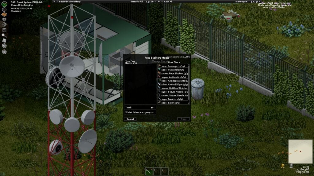 A trading interface with a stalker medic is open at the centre of the screen. A large antenna takes up much of the left of the image.