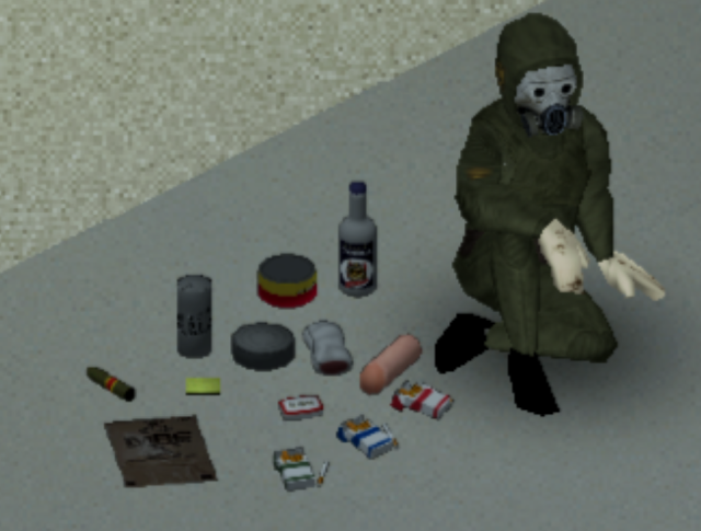 A stalker sits on the ground beside an arrary of STALKER themed food: cans, a sausage, vodka, cigarettes.
