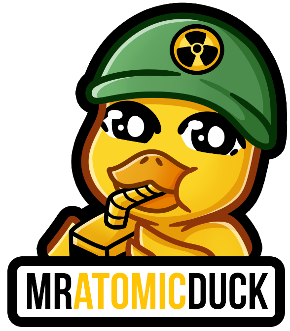 MrAtomicDuck's logo, showing a yellow duck wearing a green helmet with a nuclear symbol, drinking from a straw