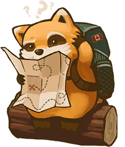 Spiffo, the orange game mascot racoon, wearing a backpack, reading a map, scratching his head. He looks confused. Question marks above his head