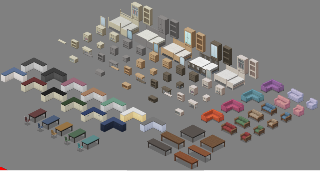 A variety of colourful isometric furniture.