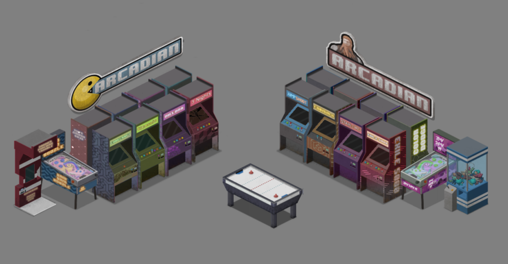 Colourful arcade machines, air hockey tables, pinball etc.