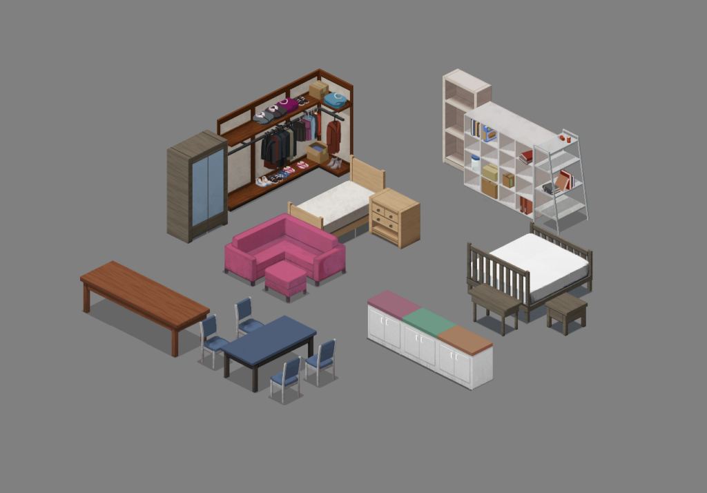 More colourful isometric furniture: closet walls with clothes, shelves, couches, counters etc.