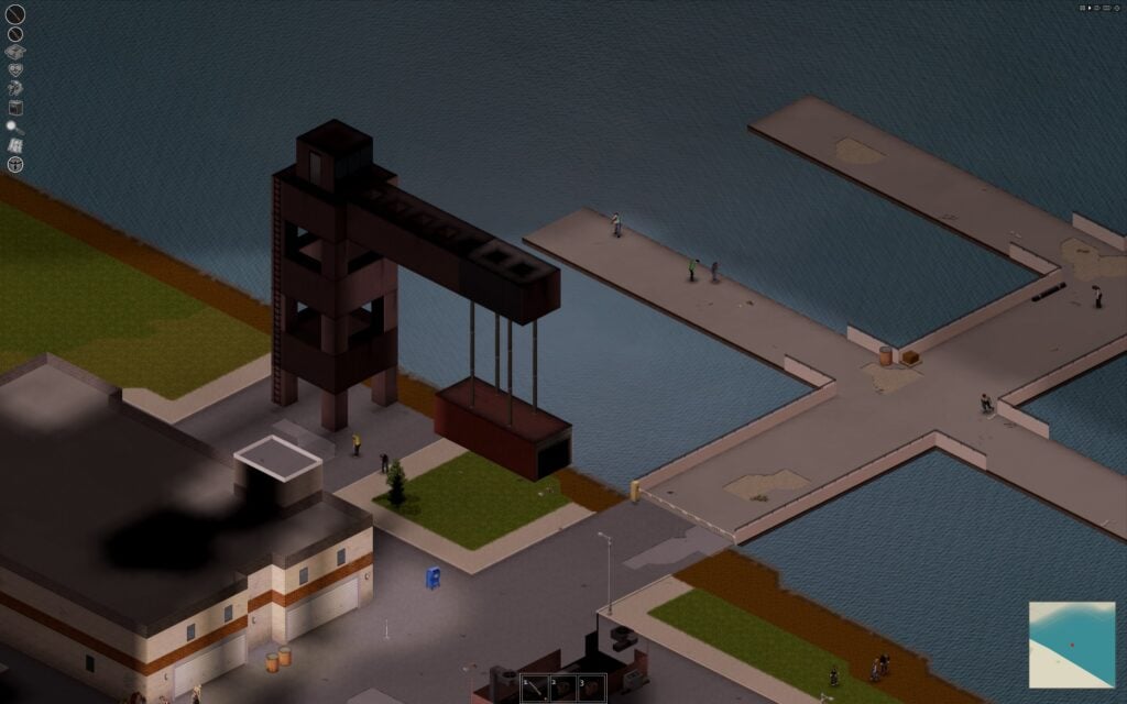 A small dock with a crane hoisting a shipping container