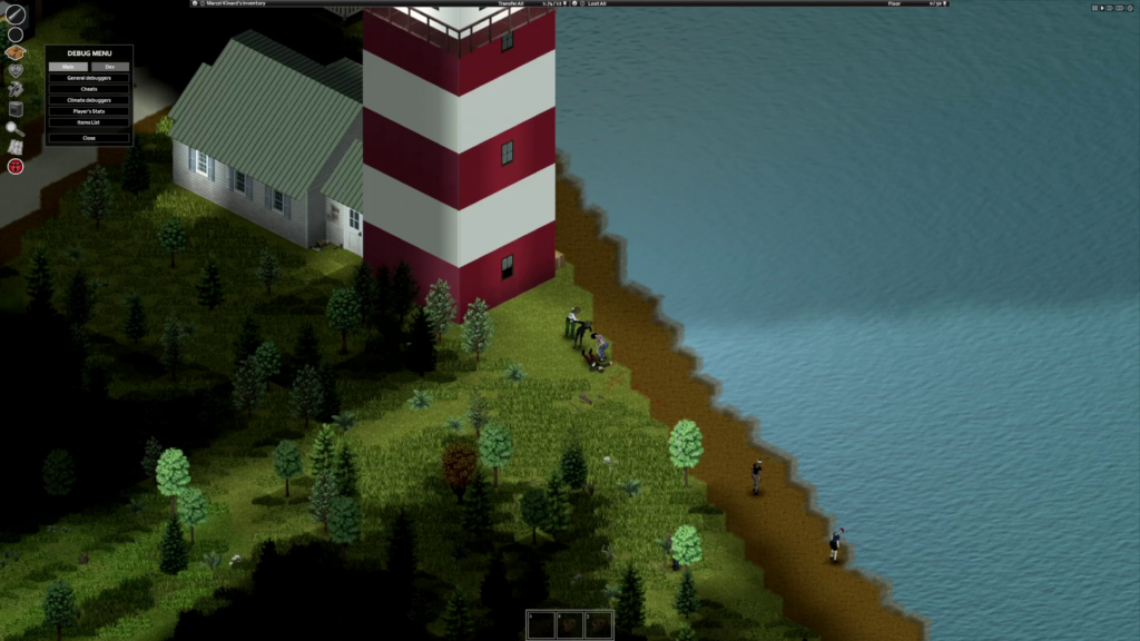 The player fights zombies on a seashore, beside a white and red striped lighthouse.