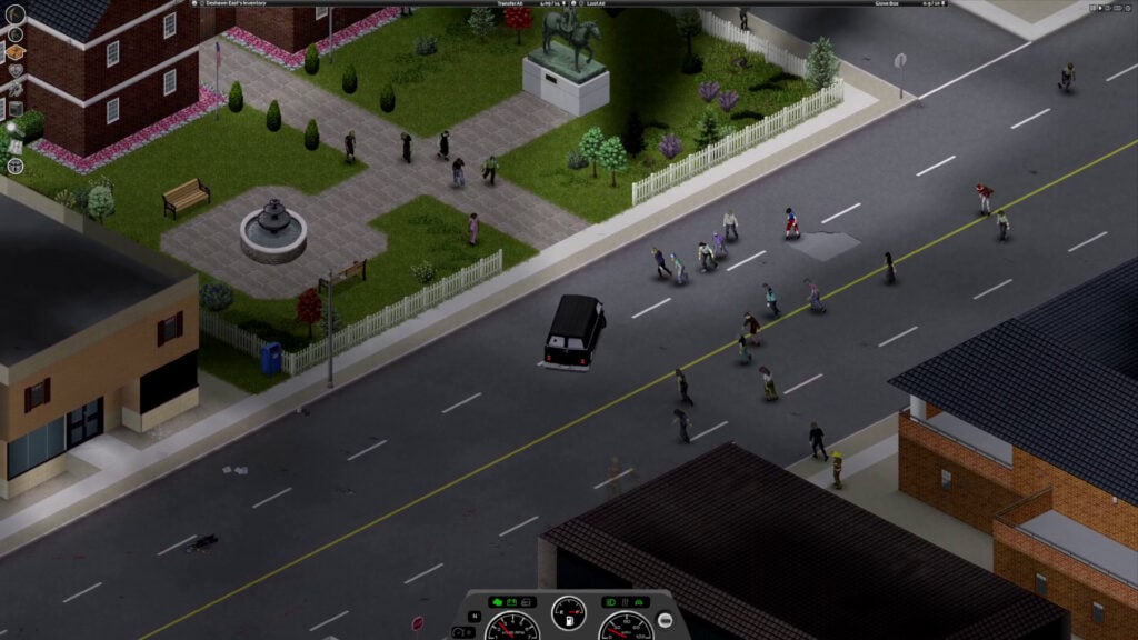 A black van on a wide road in front of a town hall style building. About a dozen zombies are sauntering towards the van.