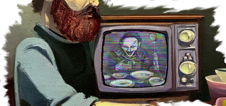 A bearded man holds an old television with a picture of a creepy clown on it
