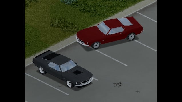 Two Ford Mustangs, one dark grey, one red.