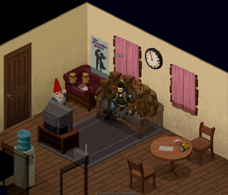 A character sits on a couch surrounded by teddy bears and Spiffos