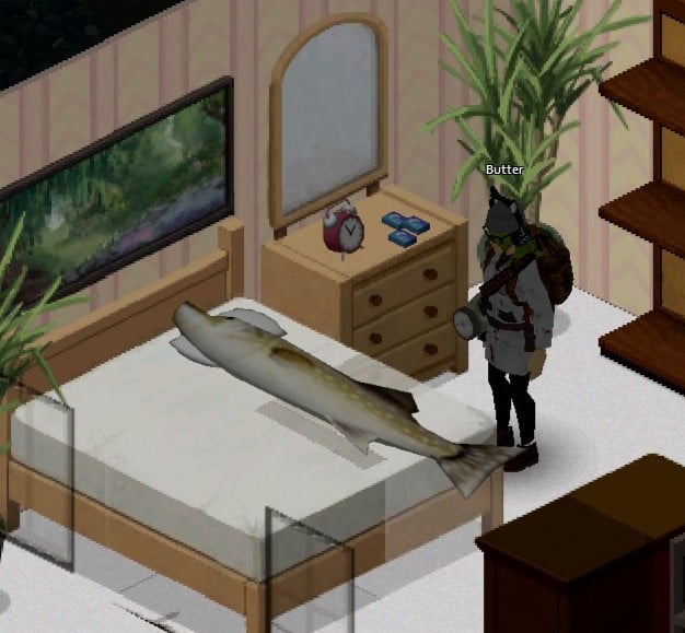 A character named Butter looks at a big fish lying on a bed in a bedroom, a pillow under its head.