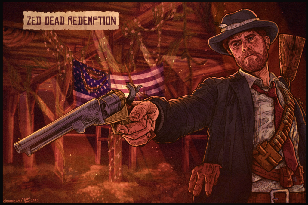 A cowboy pointing a revolver stands in front of an American flag in a wooden construction. A banner at the top left reads "Zed Dead Redemption".