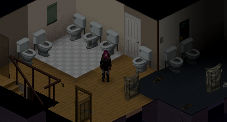 A character stands in a room with eight toilets in it.