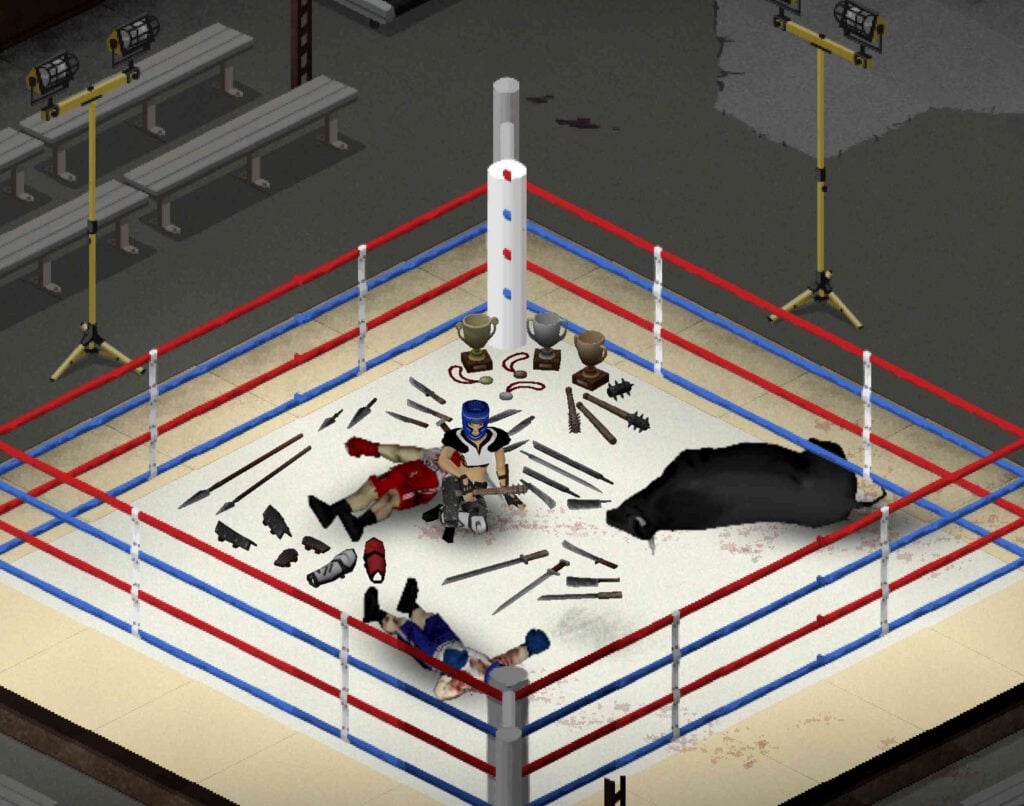 A variety of new tools and a dead cow in a boxing ring