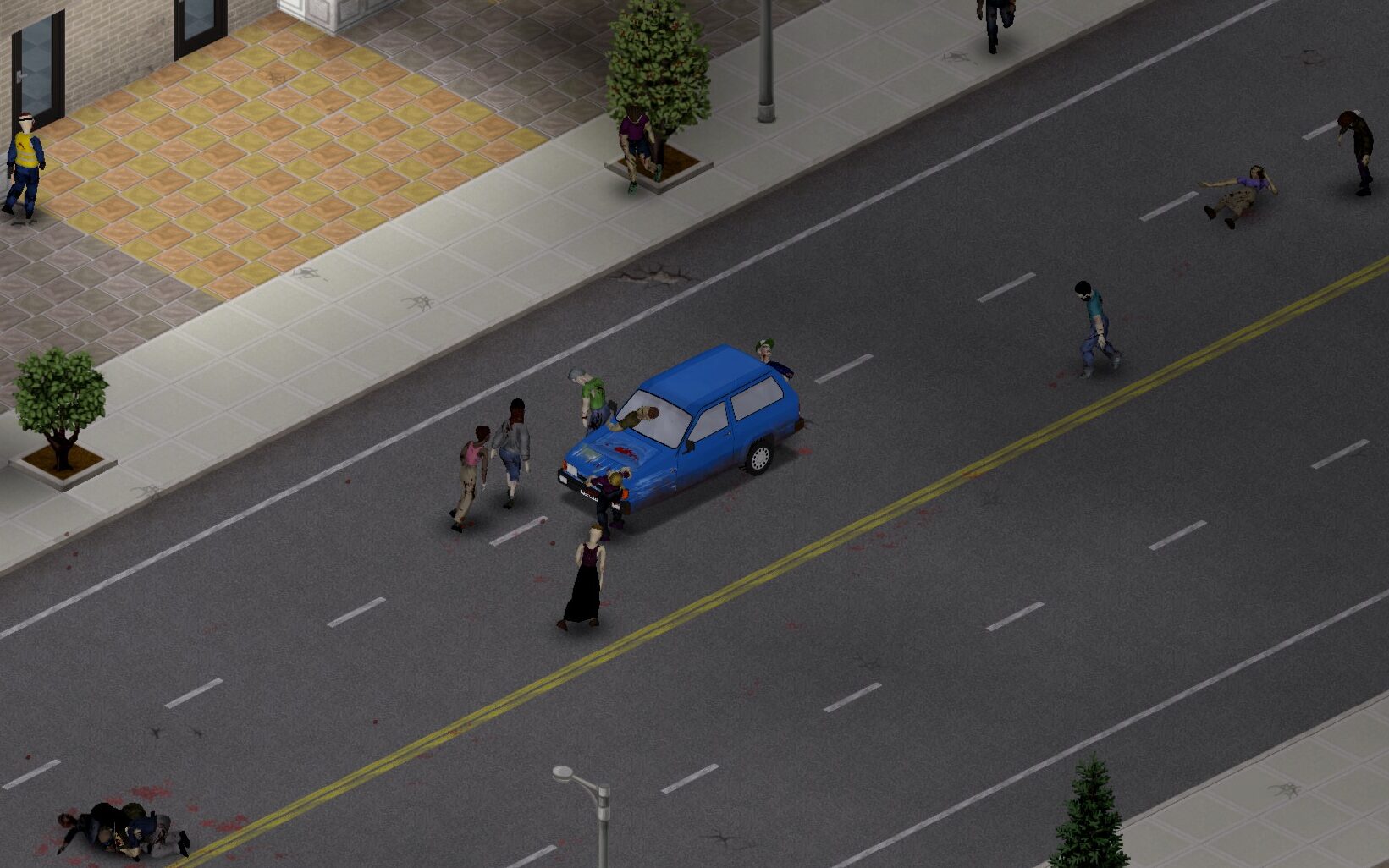 A blue Robin Reliant in a street with zombies around.