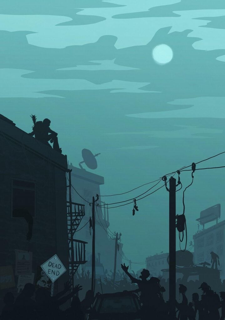 A nighttime scene showing a silhouetted survivor sitting on a building's roof overlooking a street filled with zombies.