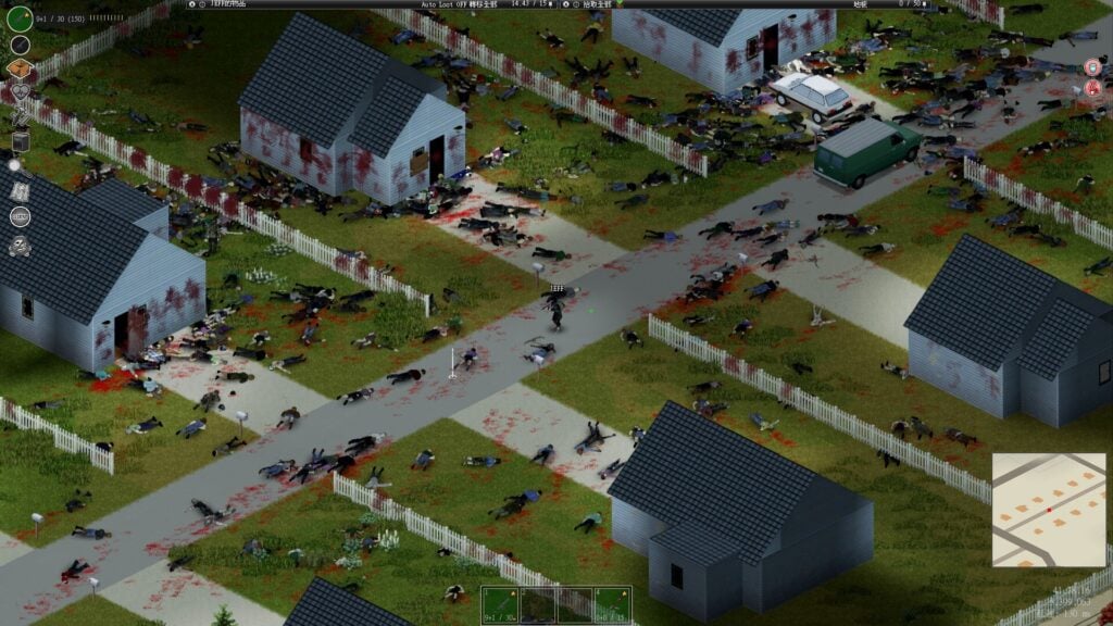 A neighbourhood with a large amount of bloody and corpses about.