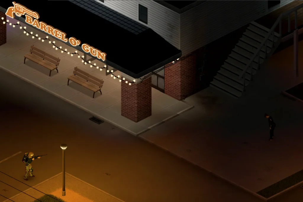 'Barrel of Gun' gunshop store sign visible in background, foreground character pointing rifle towards a zombie, just visible in the light shed from a lamppost