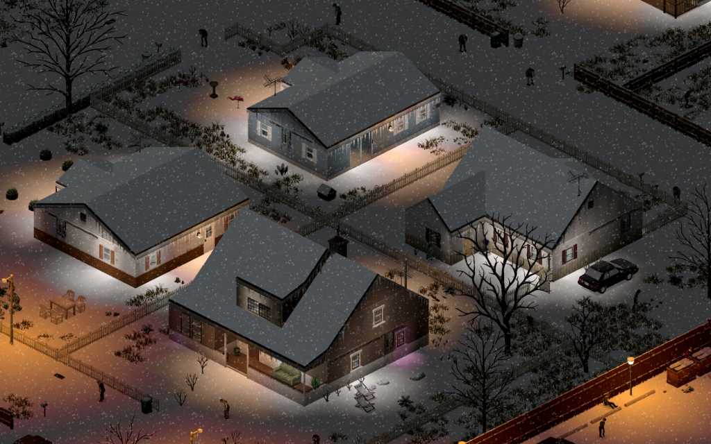 Historical Project Zomboid developer screenshot of a snow-covered town