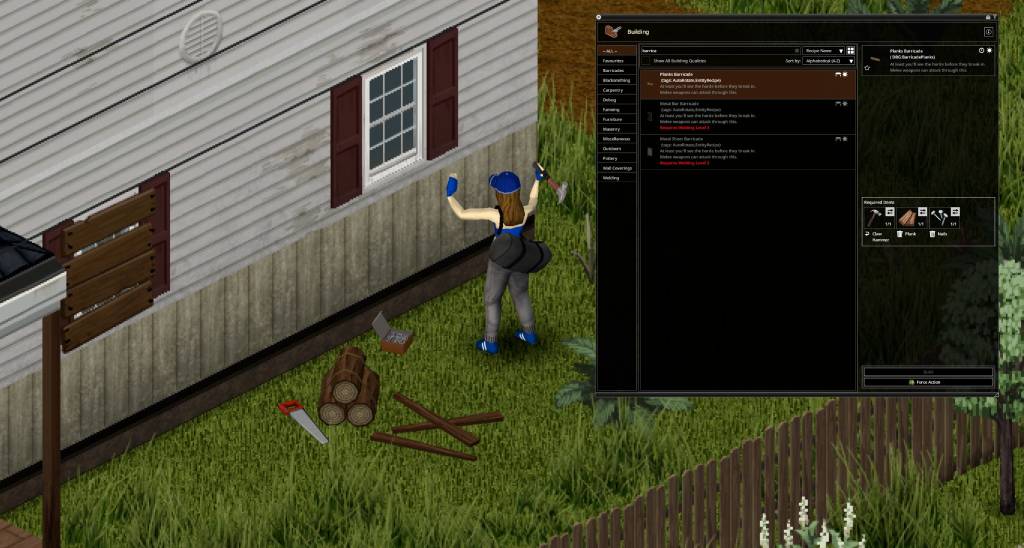 Screenshot from Project Zomboid showing new crafting options in Build 42